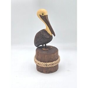 Hand Carved Wooden Pelican on Piling - Nautical Coastal Folk Art Decor